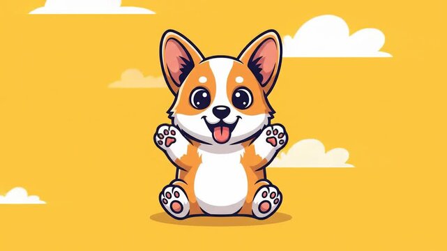 Adorable Corgi Puppy Sitting Posing With Open Mouth in Cartoon Style on Yellow Background With Clouds Cute Adorable Playful Pet Illustration