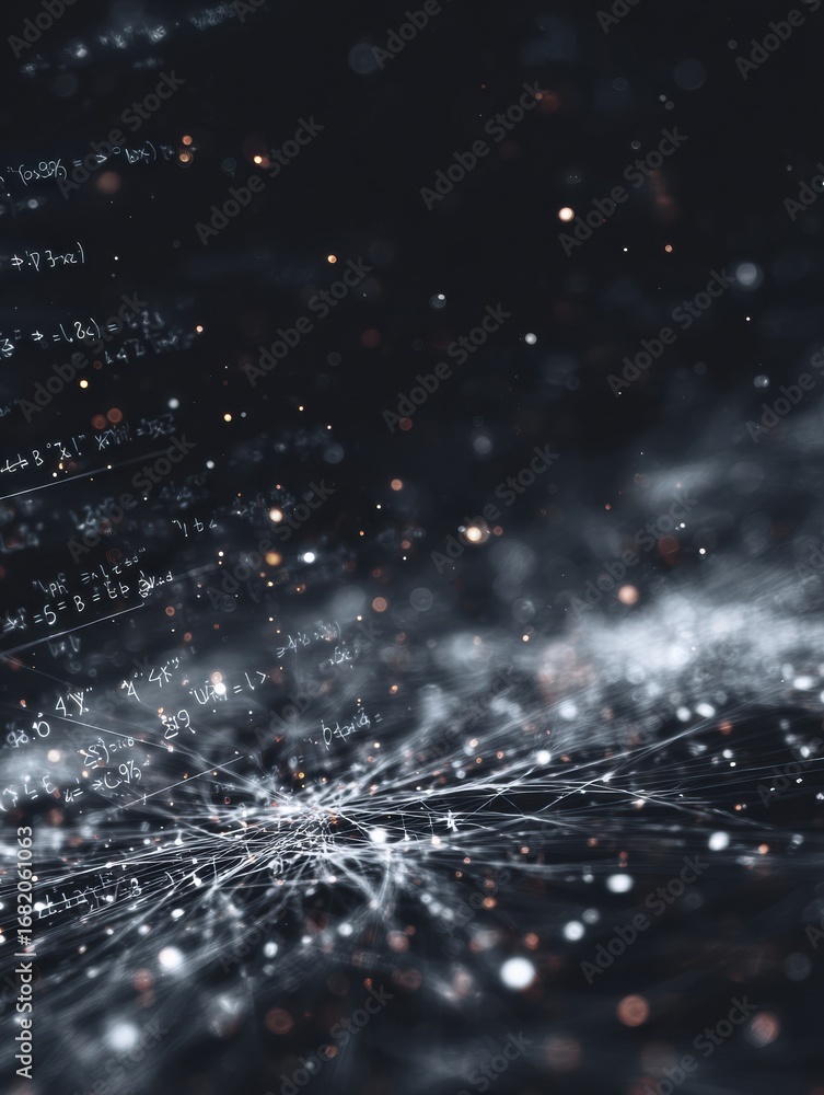 Poster mathematical equations float amidst ethereal particles, creating a blend of science and beauty in a 