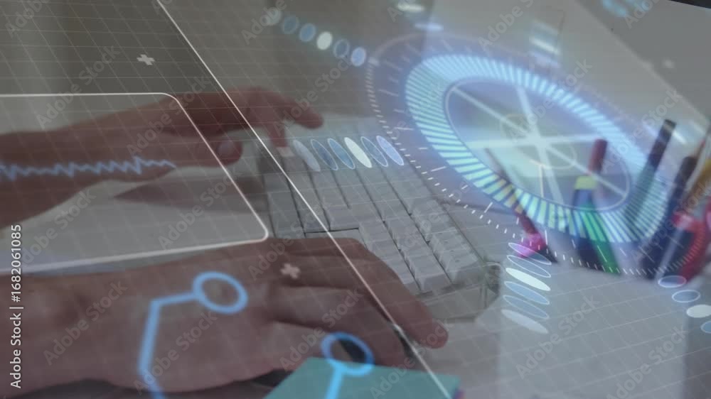 Poster hands typing on keyboard initiating pulsing waveform and rotating ui showing live feedback