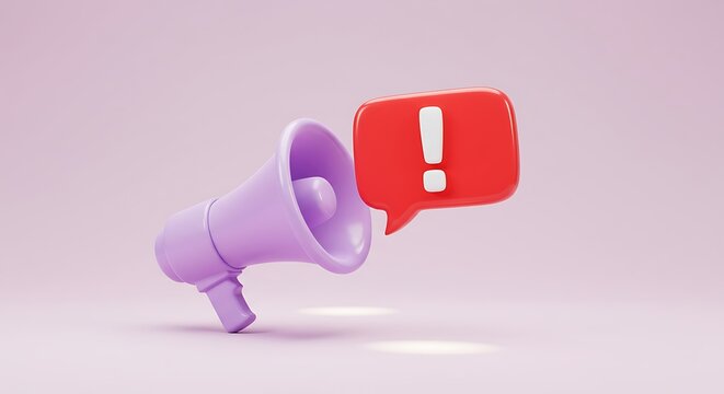 Loudspeaker with red notification bubble and exclamation mark announcing important news or alerts