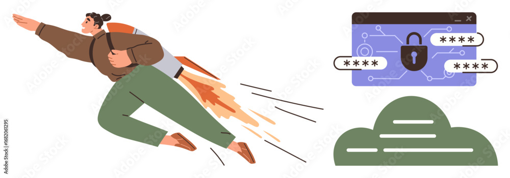 Poster person flying with jetpack towards a digital display of secured cloud storage. ideal for cybersecuri