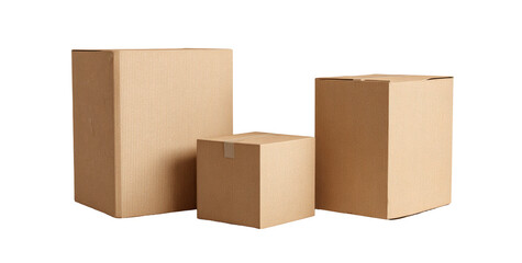 Three cardboard boxes of varying sizes, light beige color, arranged horizontally
