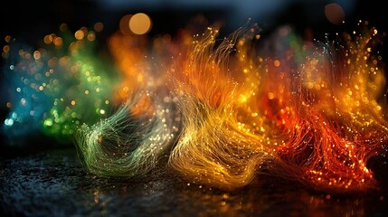 Naklejka premium Abstract colorful swirls and streams of light on a dark reflective surface.