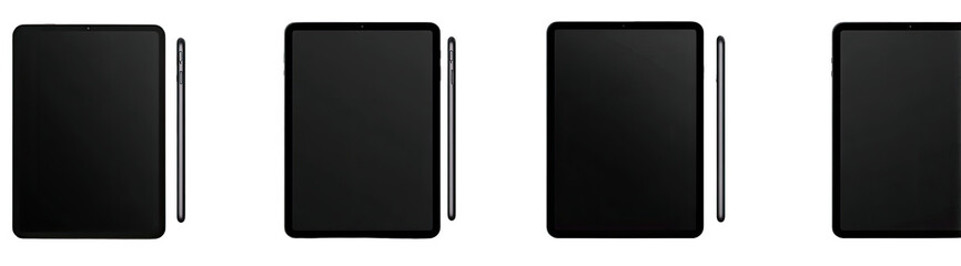 Four black smartphones or tablets displayed horizontally