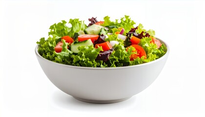 A fresh and vibrant bowl of mixed green salad with tomatoes and cucumbers.