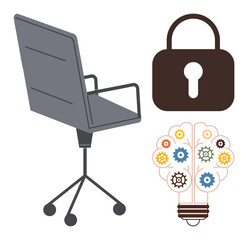 Office chair, padlock for security, brain-shaped design with gears symbolizing innovation and ideas. Ideal for workplace creativity, security, brainstorming, collaboration, protection, teamwork