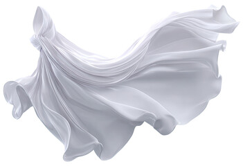 A flowing white fabric drape.  A soft, light gray fabric billows outward, creating dynamic folds and curves against a stark black background.  It appears to be a digital render or graphic design