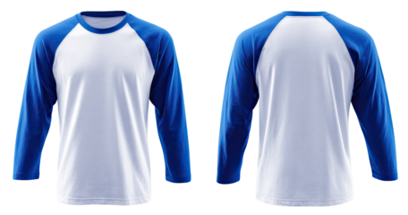 Front and back view of a blank white long-sleeve baseball tee with royal blue trim