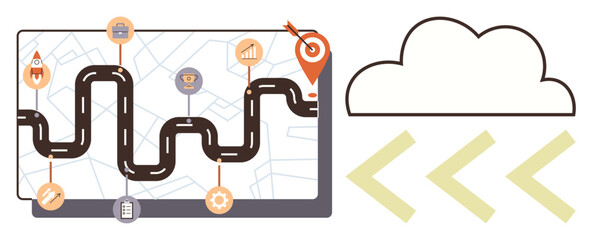 Winding road with milestones, achievement icons, and navigation pin on a map. Cloud and arrows indicate data storage, technology, and planning. Ideal for goals, workflow, cloud and innovation in