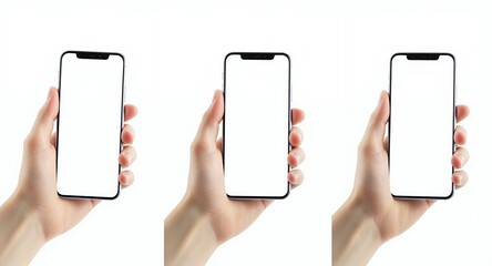 Three hands holding smartphones with blank screens, mockup for app presentation, website design, or mobile advertising