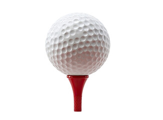 Close-up of a white golf ball resting on a red golf tee against a black background.  The ball's dimpled surface is clearly visible