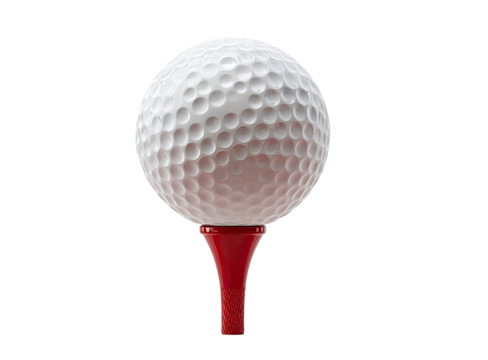 Close-up of a white golf ball resting on a red golf tee against a black background.  The ball's dimpled surface is clearly visible