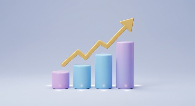3d bar chart with upward trend arrow shows financial growth and positive business performance