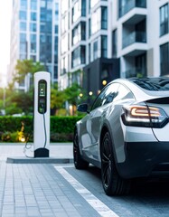 Electric car charging at a city station