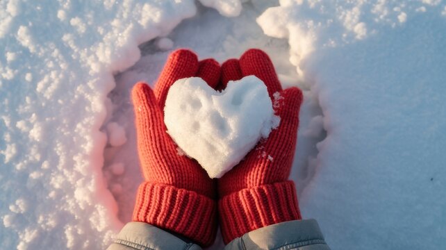 A person holding a heartshaped snowball in red gloves on a snowy winter day, symbolizing love and warmth during the cold season