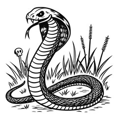 Fototapeta premium Black and white illustration of a cobra snake with skull