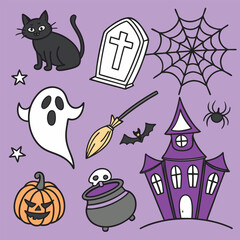Obraz premium Cartoon Halloween elements on purple background ghost