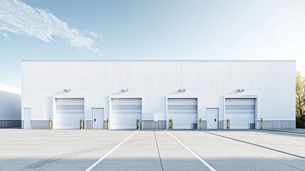 Modern Industrial Building with Four Loading Docks under a Clear Sky