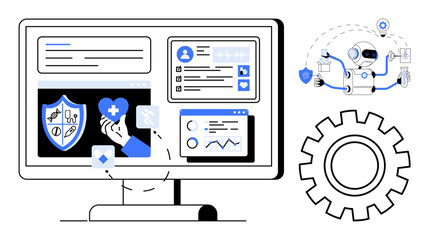 Computer screen displaying healthcare analytics, AI robot managing health data, various medical elements, gear metaphor. Ideal for healthcare technology, AI, digital transformation, innovation