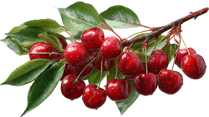 Realistic Cherry Cluster with Leaves on Natural Branch on Transparent Background