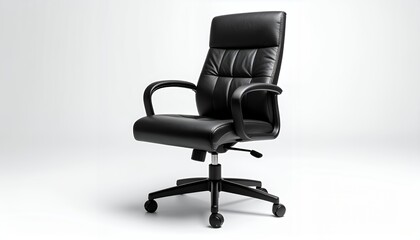 A modern black leather executive office chair with armrests and wheels on a clean white studio background.