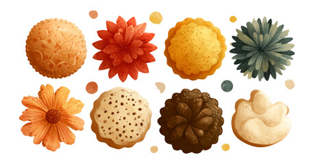 Colorful Illustrations of Isolated Decorative Cookies and Floral Shapes on Transparent Background