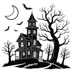 Haunted Mansion With Crescent Moon And Bats halloween