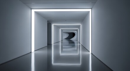 Modern Futuristic Corridor with Neon Lighting Architecture Design and Reflection