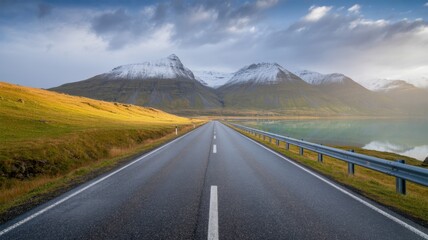 Naklejka premium Scenic road leading to majestic snowcapped mountains in iceland under a cloudy sky, a picturesque landscape of nature and travel destination