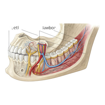 Anatomical illustration of the mandible showing teeth nerves and blood vessels in a cross section view
