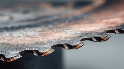 Close-up of a rusty saw blade shows detailed teeth and texture, capturing the wear and craftsmanship in a workshop setting with natural light.