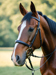 Obraz premium Horse with water snaffle looks attentively in portraits