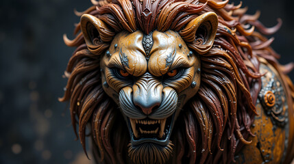 possente volto di un fiero leone di ceramica colorata e metallo, powerful face of a fierce lion made of colored ceramic and metal