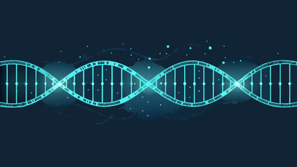 Abstract illustration of a DNA double helix, glowing teal, against a dark blue background, presented as a horizontal banner graphic