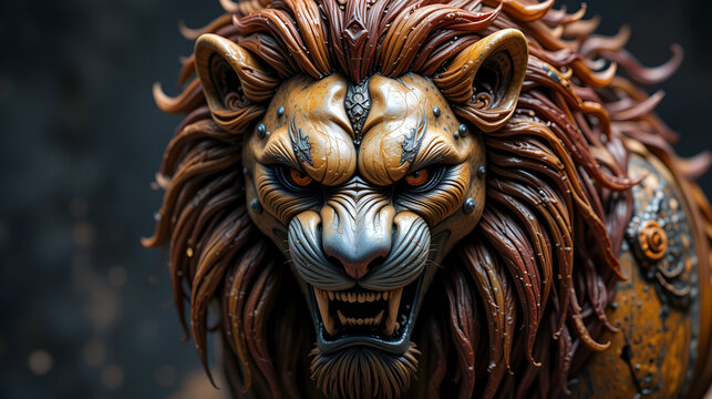 possente volto di un fiero leone di ceramica colorata e metallo, powerful face of a fierce lion made of colored ceramic and metal
