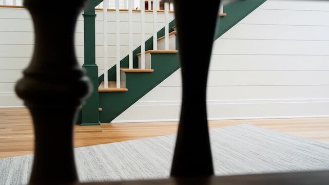 Elegant Home Interior Staircase with Green and Wood Design, Smooth Camera Movement