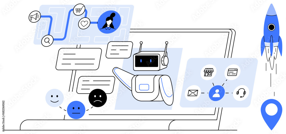 Poster robot responding to messages, user faces with emotions, tech icons, laptop, rocket icon. ideal for c