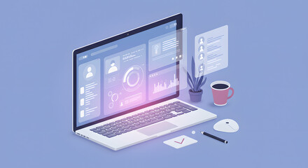 Isometric Laptop Mockup Displaying Business Data Analytics and Statistics with Coffee, Pencil, Checklist and Mouse on a Lavender Background