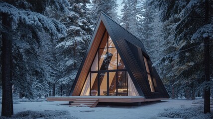 A modern aframe cabin nestled in a snowcovered forest, offering a peaceful winter getaway surrounded by nature and a serene atmosphere