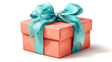 Obraz premium Bright coral pink pastel gift box with a teal ribbon making a cheerful statement in any setting