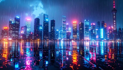 Fototapeta premium Futuristic Cityscape in Rain