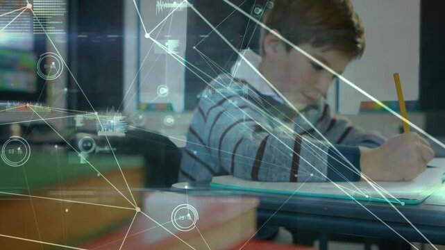 After pencil tapping student writing study notes while animated data lines converging across desk