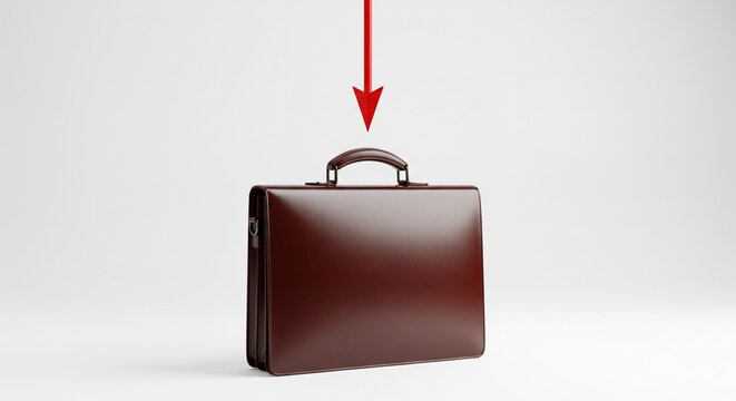 Brown leather briefcase with a red arrow pointing down, in a bright studio