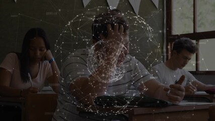 Data sphere pulsing triggers central student rubbing forehead while writing exam, showing focus - Powered by Adobe