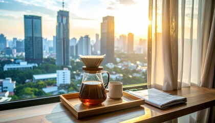 Morning Coffee with City View: Pour-Over Coffee Maker, Mug, and Newspaper on Wooden Table