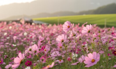 Fototapeta premium A field of vibrant pink cosmos flowers, bathed in soft sunlight.