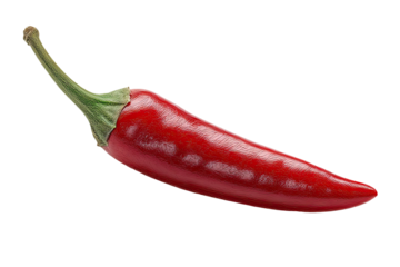 Single, vibrant red chili pepper, slightly curved, against a black background.  The pepper's skin is glossy, with visible ridges. A light green stem extends from the top