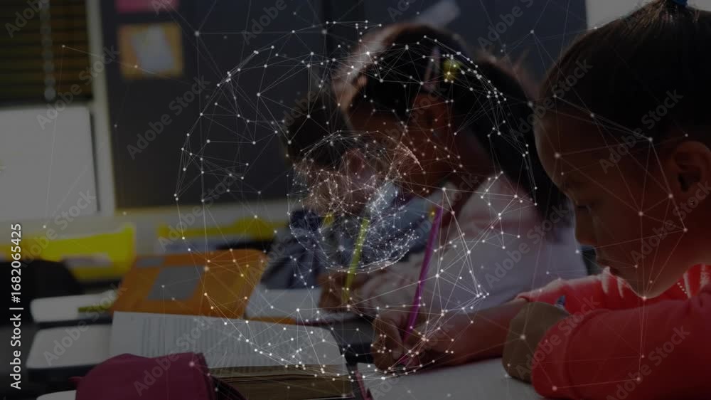 Aufkleber three students writing in classroom, activating rotating network globe showing connected learning