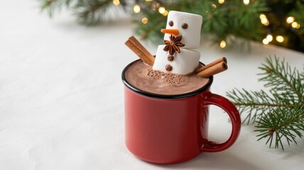 Festive hot chocolate with a marshmallow snowman in a red mug, perfect for a cozy christmas or winter holiday celebration