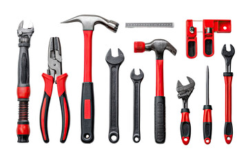 Assorted hand tools in red and black.  A collection of various tools, including wrenches, pliers, a hammer, and a screwdriver.  Tools are arranged horizontally against a black background